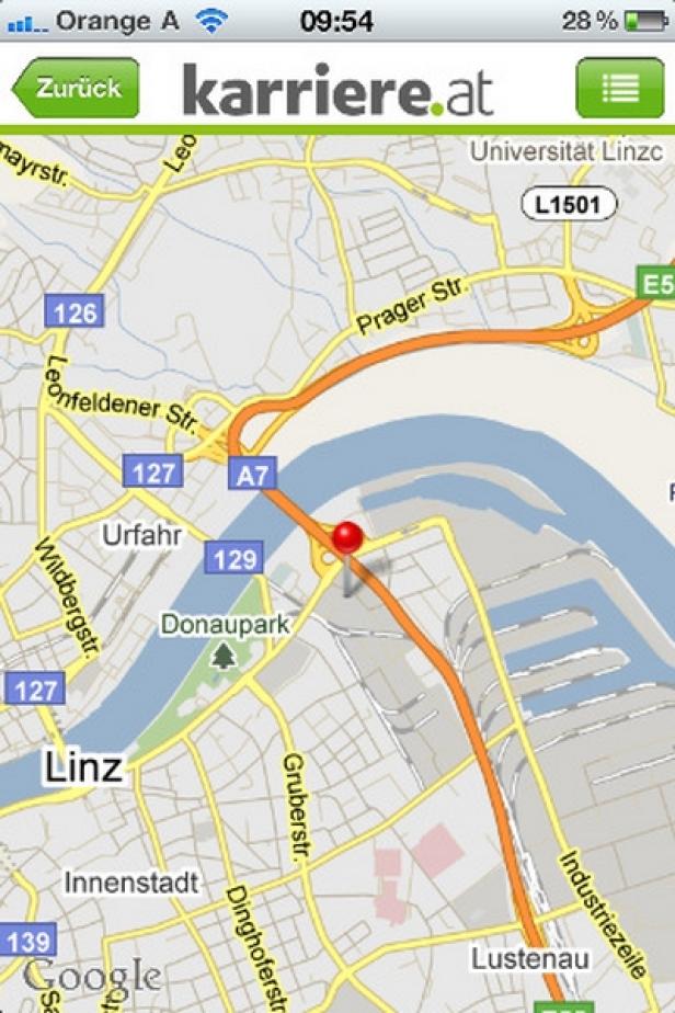 Eine Karte von Linz mit einer roten Markierung auf der A7-Brücke über der Donau.