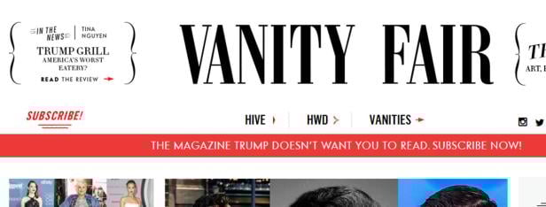 Die Titelseite der Zeitschrift Vanity Fair mit dem Slogan „The Magazine Trump Doesn't Want You To Read“.
