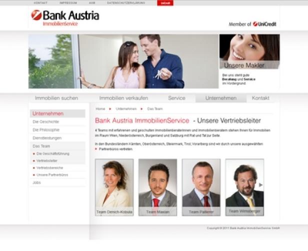 Die Webseite von Bank Austria Immobilienservice mit Informationen zu Vertriebsleitern und Immobilienangeboten.