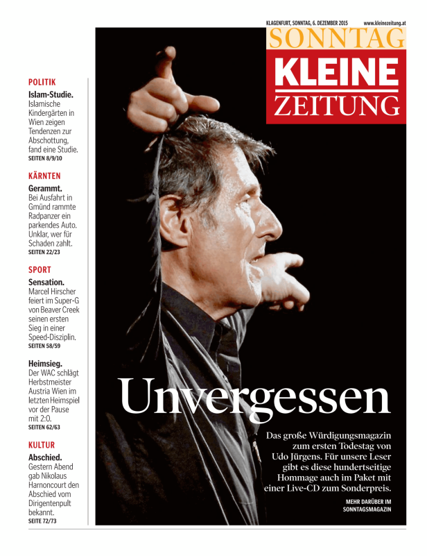 Titelseite der Kleinen Zeitung vom 6. Dezember 2015 mit dem Titel „Unvergessen“ und einem Bild von Udo Jürgens.