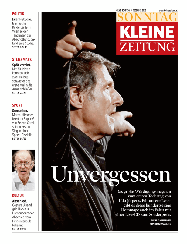 Titelseite der Kleinen Zeitung vom 6. Dezember 2015 mit einem Bild von Udo Jürgens.