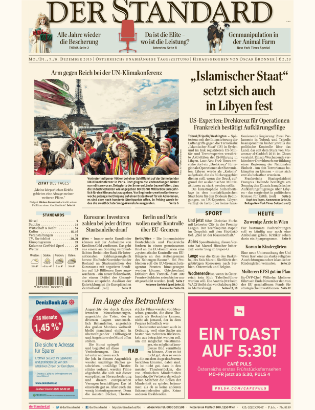 Titelseite der Zeitung „Der Standard“ vom 7./8. Dezember 2015.