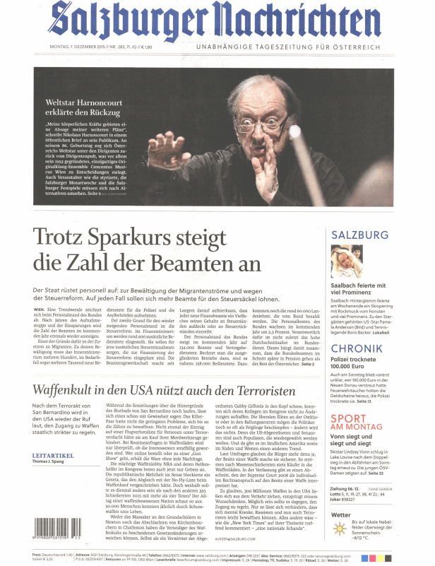Titelseite der Salzburger Nachrichten vom 7. Dezember 2015.