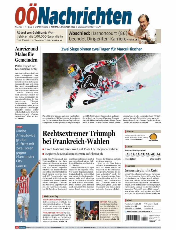 Titelseite der OÖNachrichten vom 7. Dezember 2015 mit Meldungen zu Politik, Sport und Wahlen.
