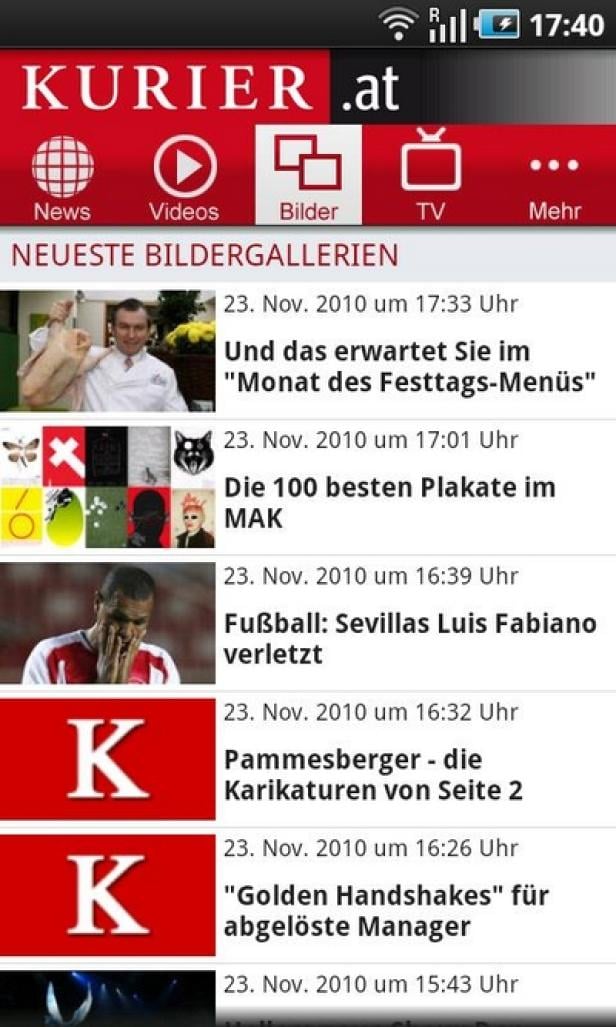 Kurier- Android-App - Version März 2011 Ein Screenshot der KURIER.at App mit einer Übersicht der neuesten Bildergalerien.
