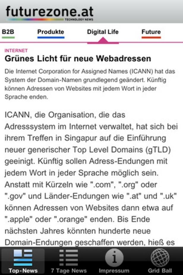 Ein Screenshot eines Artikels über neue Webadressen auf futurezone.at.