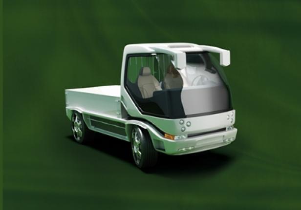 Ein weißer futuristischer Pickup-Truck vor einem grünen Hintergrund.