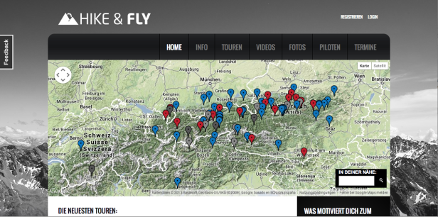 Eine Karte der Alpenregion mit Markierungen für Wander- und Fluggebiete von Hike & Fly.