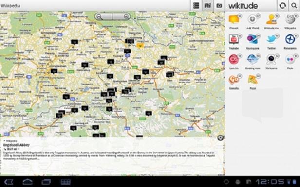 Wikitude - Augmented Reality-Browser - Android-Tablet-Version - Wikitude.org Ein Tablet zeigt eine Karte von Österreich mit verschiedenen Ortsmarkierungen.