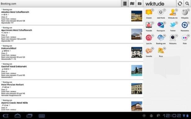 Wikitude - Augmented Reality-Browser - Android-Tablet-Version - Wikitude.org Ein Tablet-Bildschirm zeigt eine Liste von Hotels auf Booking.com und Wikitude-App-Symbole.
