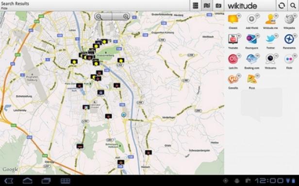 Wikitude - Augmented Reality-Browser - Android-Tablet-Version - Wikitude.org Ein Tablet-Bildschirm zeigt eine Karte mit verschiedenen Ortsmarkierungen und App-Symbolen.