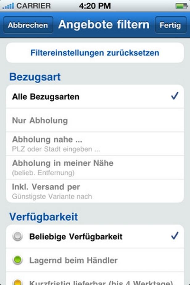 Geizhals.at - iPhone-App Ein Screenshot einer App-Oberfläche mit Filteroptionen für Bezugsart und Verfügbarkeit.