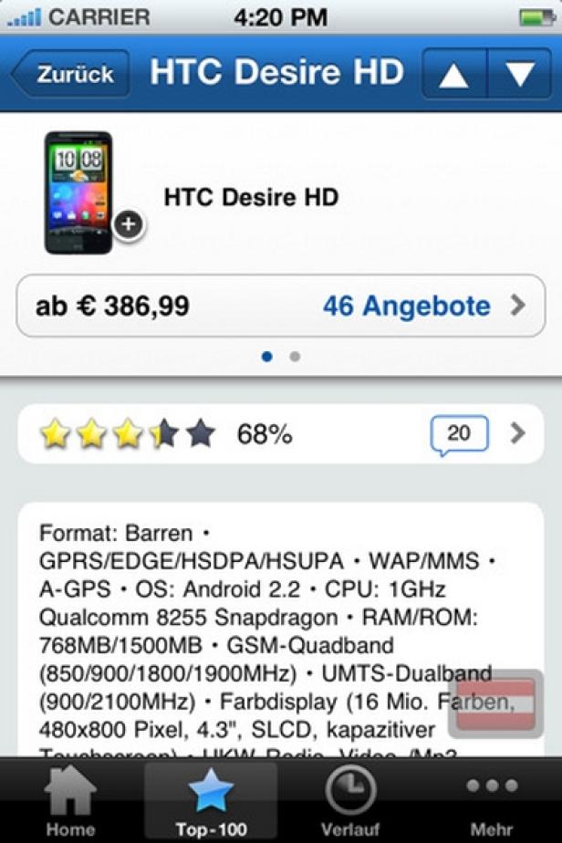 Geizhals.at - iPhone-App Ein Screenshot einer Produktseite für das HTC Desire HD Smartphone.