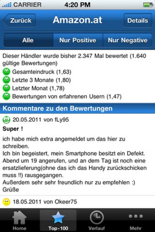 Geizhals.at - iPhone-App Ein Screenshot einer Amazon.at-Seite auf einem iPhone mit positiven Bewertungen eines Händlers.