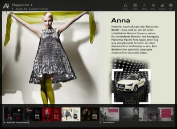 Eine Frau in einem silbernen Kleid und gelben Strümpfen posiert für eine Audi A1 Werbung.