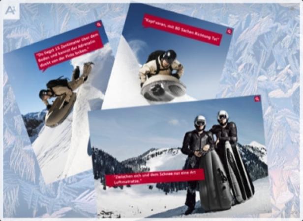 Collage mit drei Fotos von Personen, die auf Schnee mit Airboards fahren.