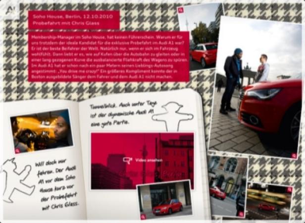 Collage mit Fotos von Chris Glass und einem roten Audi A1 vor dem Soho House in Berlin.
