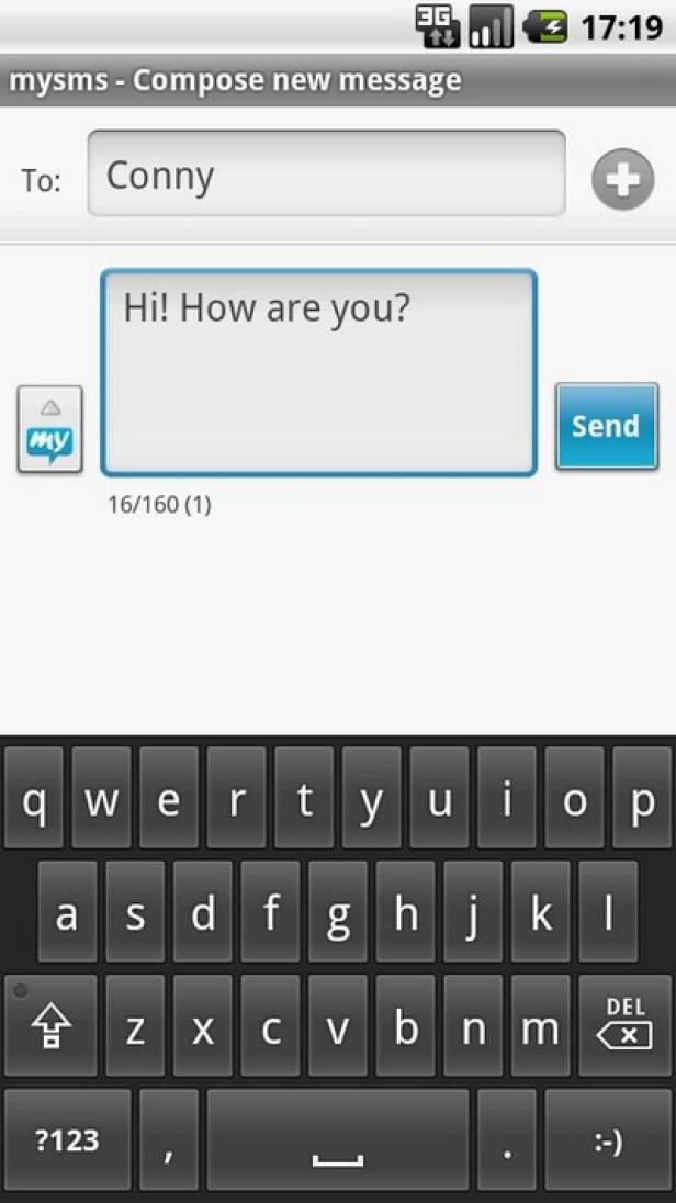 Ein Screenshot einer SMS-Nachricht an „Conny“ mit dem Text „Hi! How are you?“.