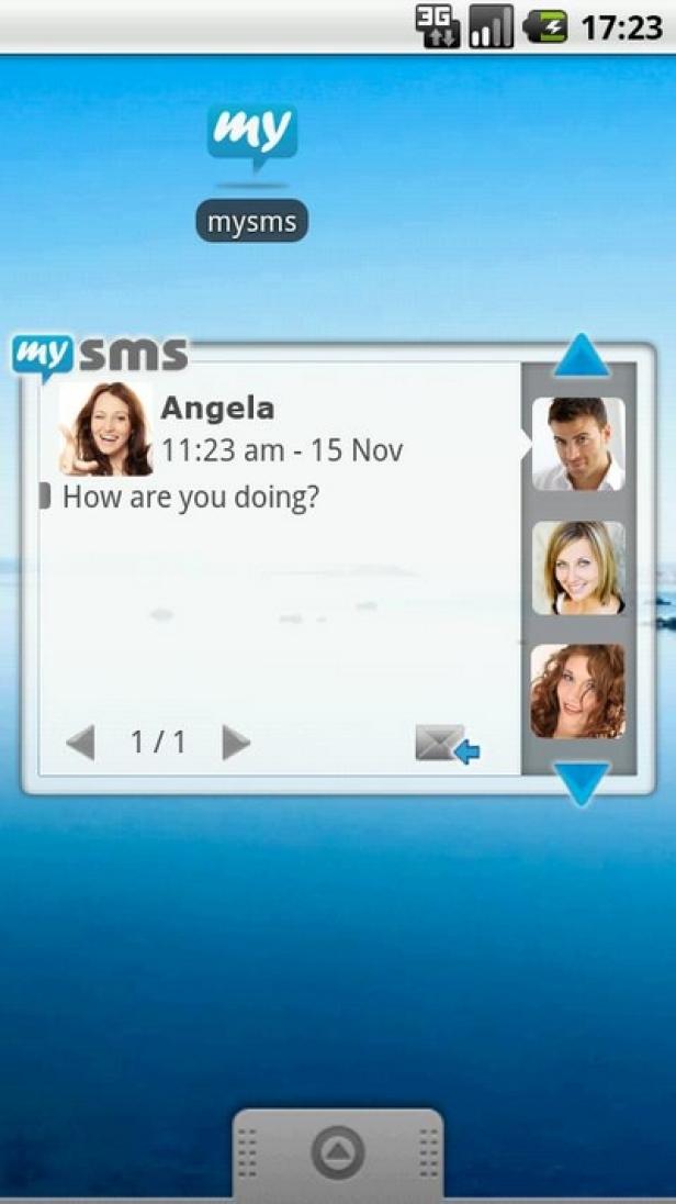 Ein Screenshot der „mySMS“-App mit einer Nachricht von Angela.
