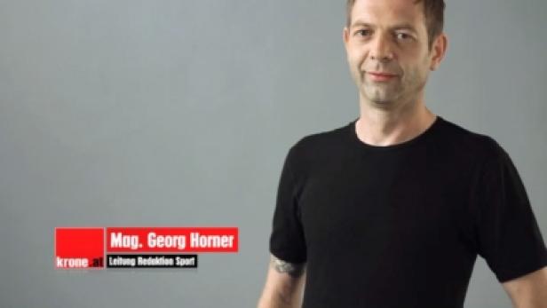 Krone.at - TV-Spot - Georg Horner/Sport (c: krone multimedia) Mag. Georg Horner, Leiter der Redaktion Sport, porträtiert vor grauem Hintergrund.
