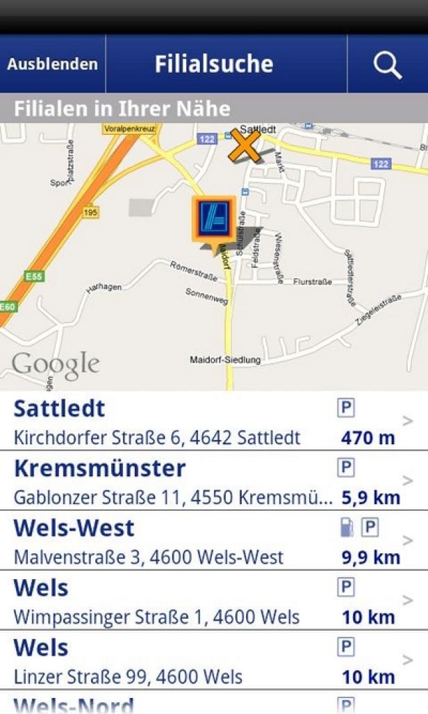 Hofer - Android App Eine Karte der Aldi-Filialen in der Umgebung von Sattledt, Österreich.
