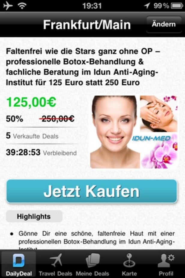 Daily Deal - iPad-App - Launch Juni 2011 Eine Anzeige für Botox-Behandlungen im Idun Anti-Aging-Institut in Frankfurt/Main.