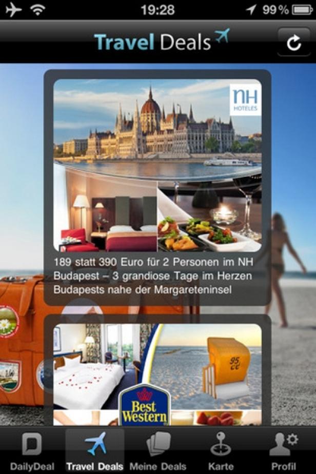 Daily Deal - iPad-App - Launch Juni 2011 Ein Screenshot der „Travel Deals“-App mit Angeboten für Budapest und die Ostsee.