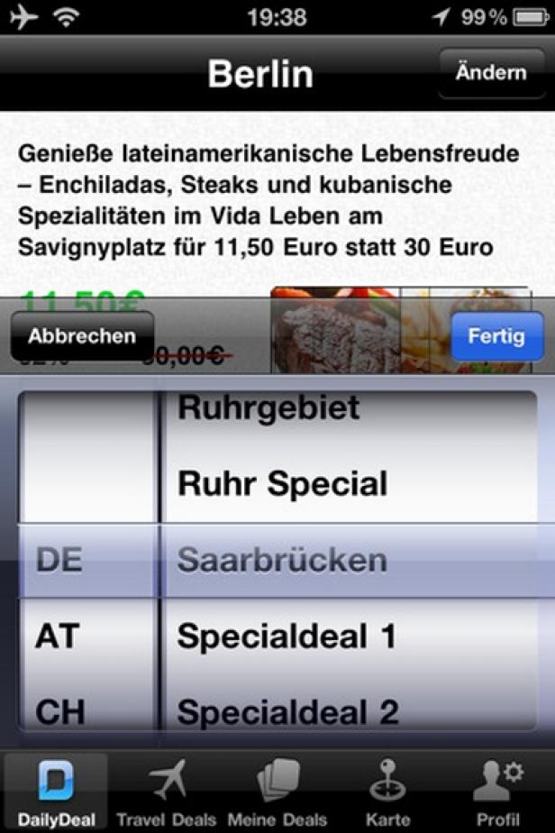 Daily Deal - iPad-App - Launch Juni 2011 Ein Screenshot einer DailyDeal App mit Angeboten für Berlin und andere Regionen.