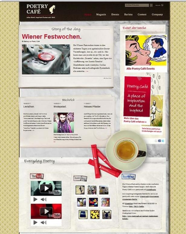 Die Webseite des Poetry Café zeigt aktuelle Nachrichten, Veranstaltungen und Social-Media-Inhalte.