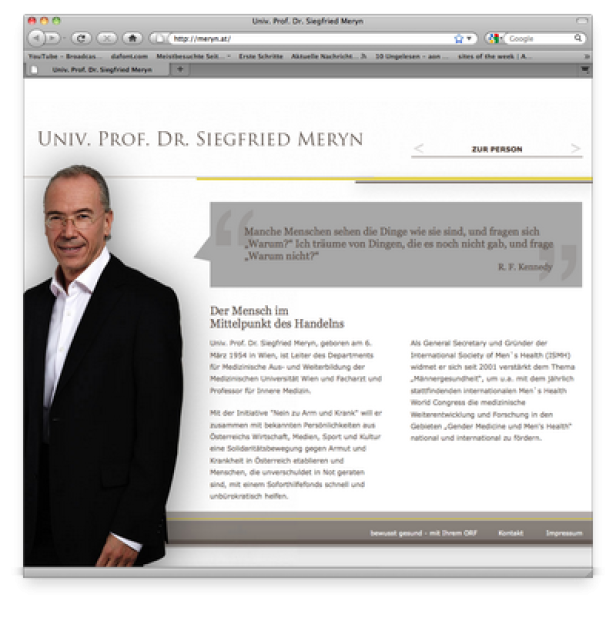 Die Webseite von Univ. Prof. Dr. Siegfried Meryn mit einem Porträt des Professors.