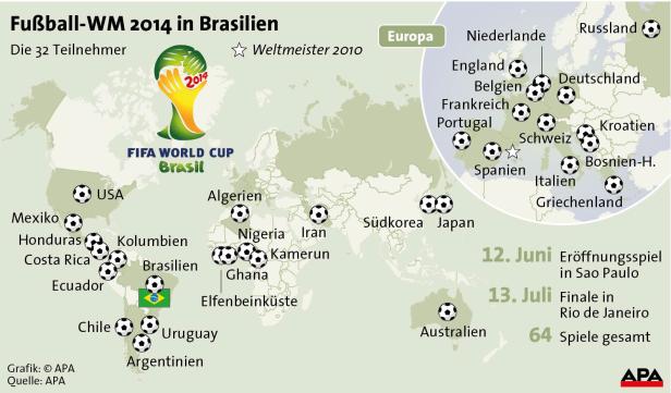 Anhang(3).jpg Eine Weltkarte zeigt die Teilnehmer der Fußball-Weltmeisterschaft 2014 in Brasilien.