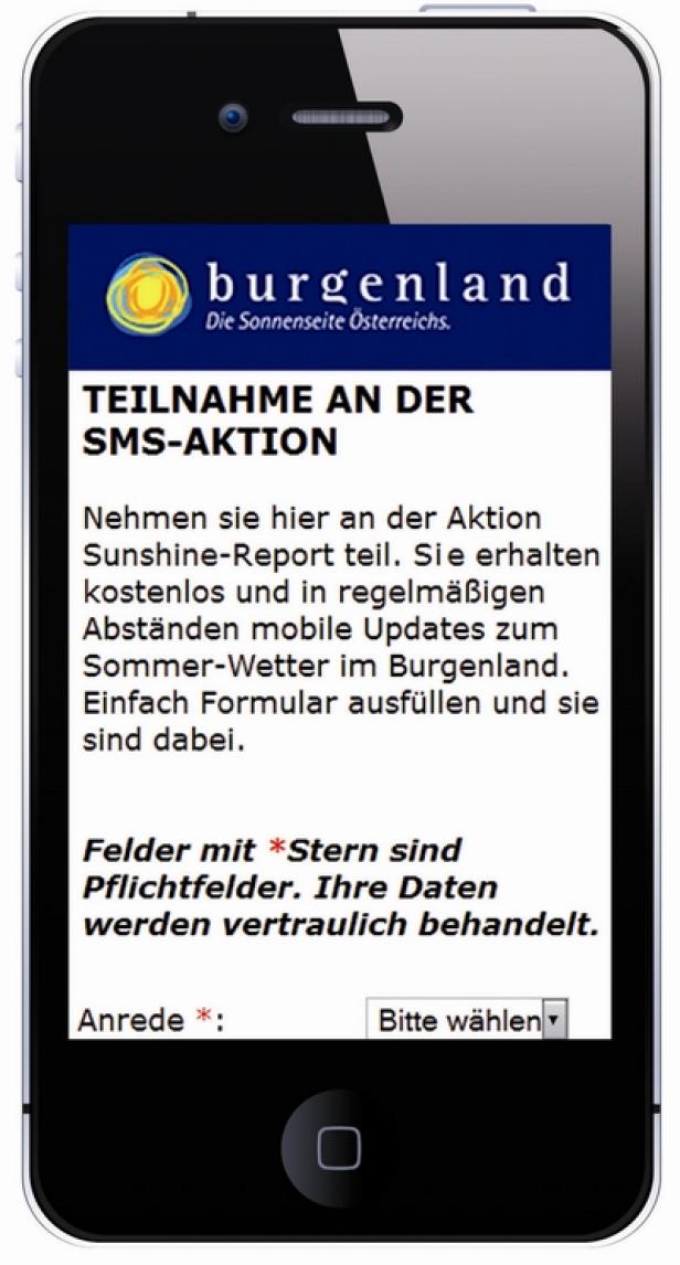 Burgenland Tourismus - Sunshine Report - SMS Newsletter - Lucy Marx (c: burgenland tourismus) Ein Smartphone zeigt eine Anmeldeseite für eine SMS-Aktion des Burgenlandes.