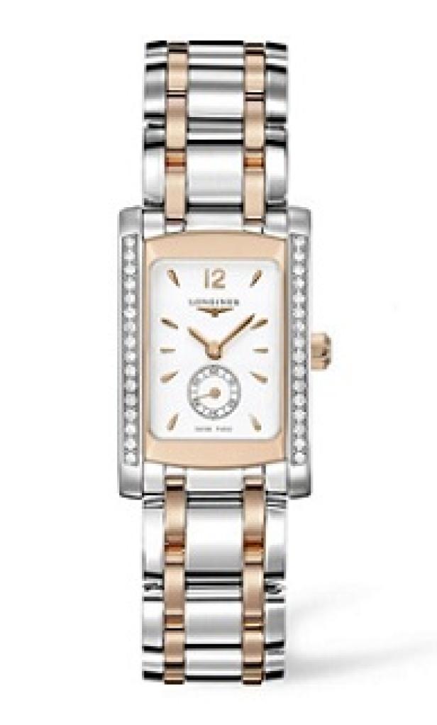 Eine Longines Damenuhr mit Diamanten und einem silber-roségoldenen Armband.