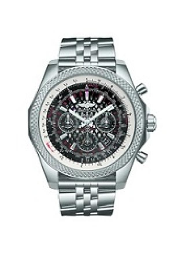 Eine silberne Breitling-Uhr mit einem komplexen Zifferblatt und einem Metallarmband.