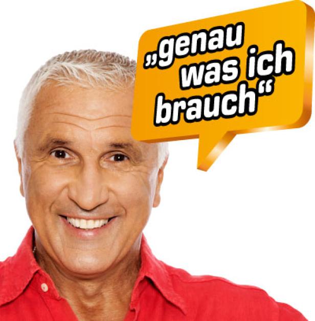 Hans Krankl - Zielpunkt-Testimonial - Kampagne Ein lächelnder älterer Mann mit einer Sprechblase, die „genau was ich brauch“ sagt.