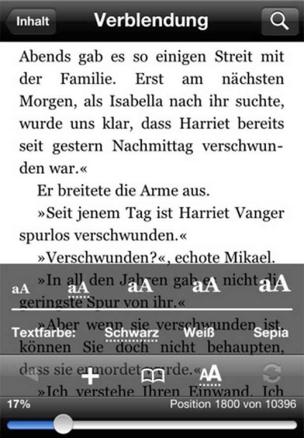 Ein Screenshot der E-Book-Reader-App „Verblendung“ auf einem iPhone.