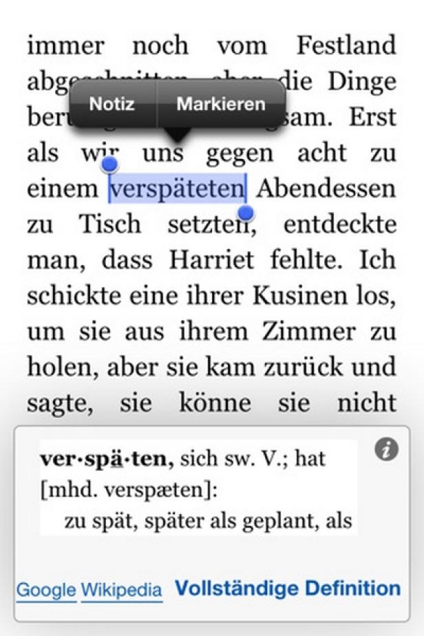 Ein Screenshot eines Textes mit der Markierung des Wortes „verspäteten“ und einer Definitionseinblendung.