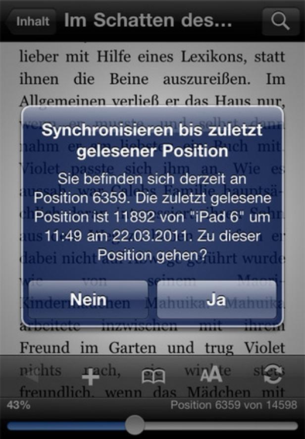 Ein Screenshot eines E-Readers auf einem iPad mit einer Synchronisationsmeldung.