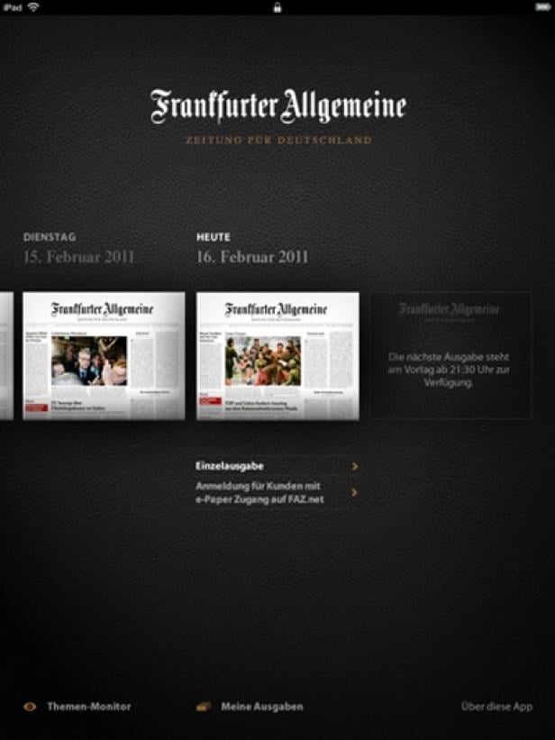 Die App-Oberfläche der Frankfurter Allgemeinen Zeitung auf einem iPad.