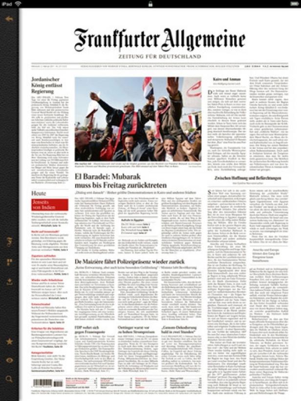 Titelseite der Frankfurter Allgemeinen Zeitung mit einem Artikel über Demonstrationen in Ägypten.