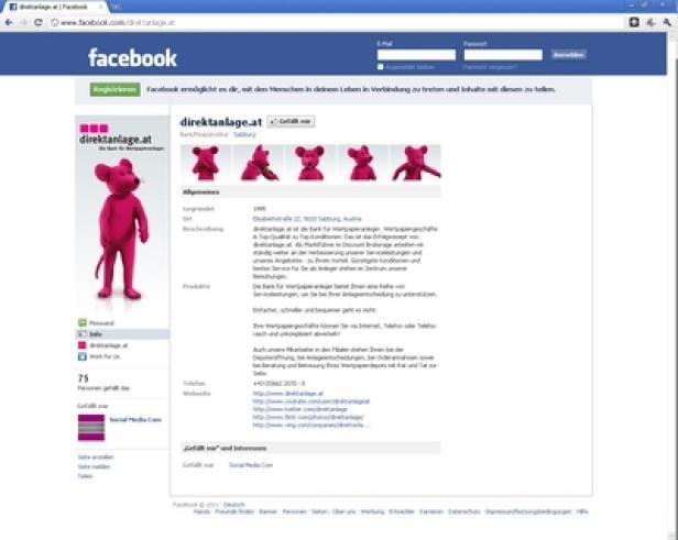 Ein Screenshot der Facebook-Seite von direktanlage.at mit einem pinkfarbenen Bären als Maskottchen.