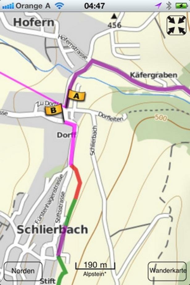 upmove-App - Orange Eine Wanderkarte zeigt eine Route von Schlierbach über Dorff nach Hofern.