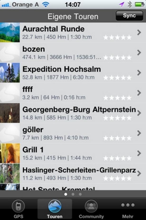 upmove-App - Orange Ein Screenshot einer App mit einer Liste von Touren, inklusive Distanz und Höhenmeter.