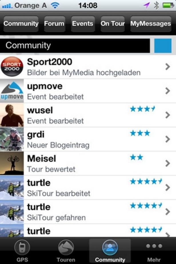 upmove-App - Orange Ein Screenshot der Community-Seite einer App mit verschiedenen Benutzernamen und zugehörigen Aktivitäten.