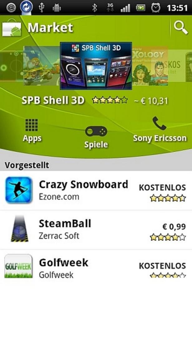 Ein Screenshot des Android Market mit der App „SPB Shell 3D“ und anderen Apps wie „Crazy Snowboard“.