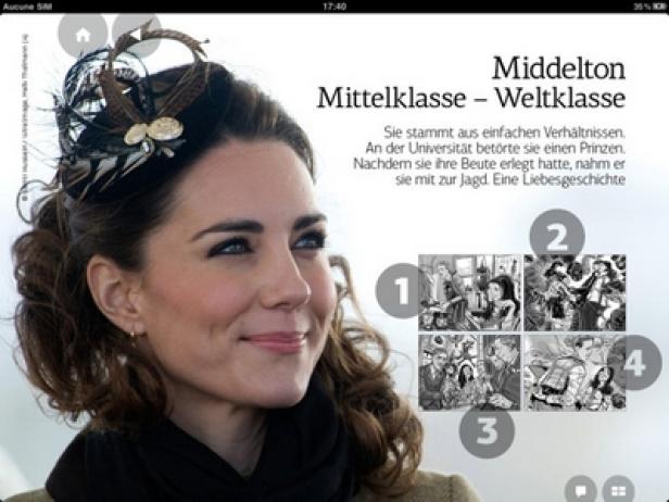 Ein Porträt von Kate Middleton mit einem auffälligen Hut mit Federn.