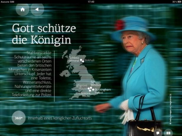Königin Elisabeth II. in einem hellblauen Kostüm vor einer Grafik über königliche Schutzräume.