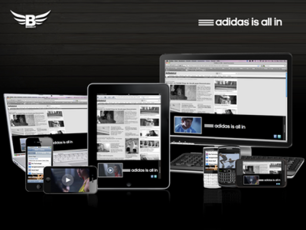 Verschiedene elektronische Geräte zeigen die „adidas is all in“-Kampagne.