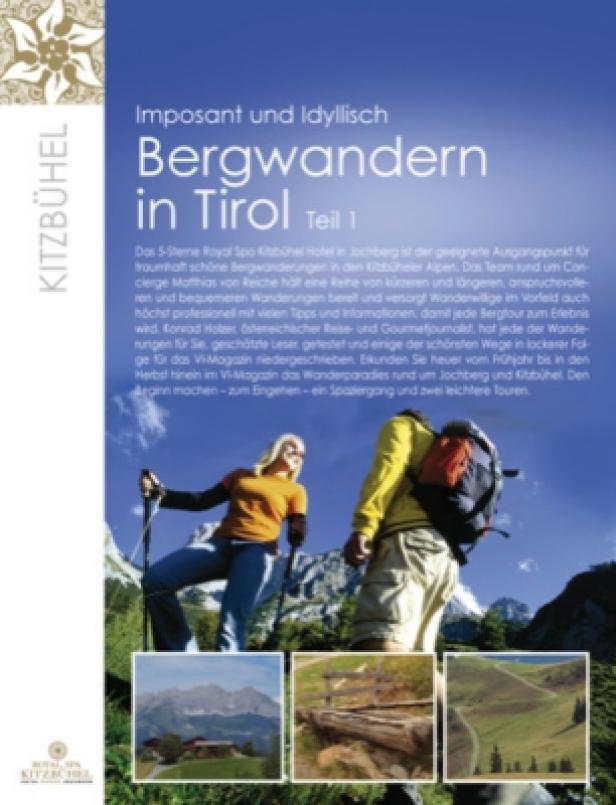 Ein Werbeplakat für Bergwanderungen in Tirol zeigt zwei Wanderer in den Bergen.