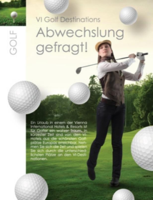 Eine Frau im Tweed-Look schwingt einen Golfschläger auf einem Golfplatz.